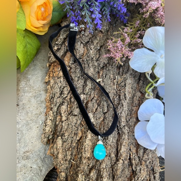 Choker necklace black velvet blue turquoise color necklace drop necklace tear - Picture 11 of 12
